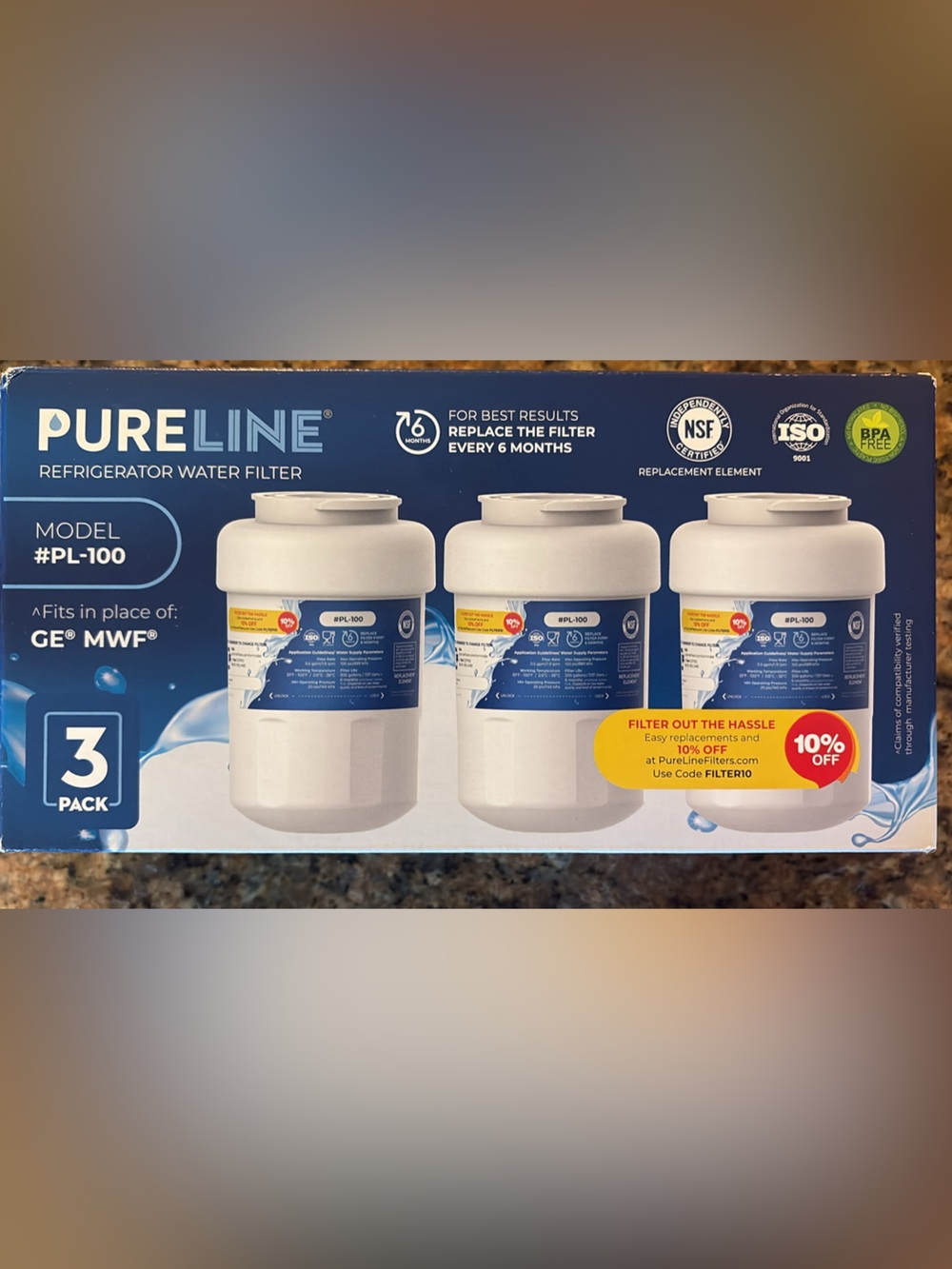 PureLine White Refrigerator Water Filter Replacement - 3 Pack (Model PL-100)